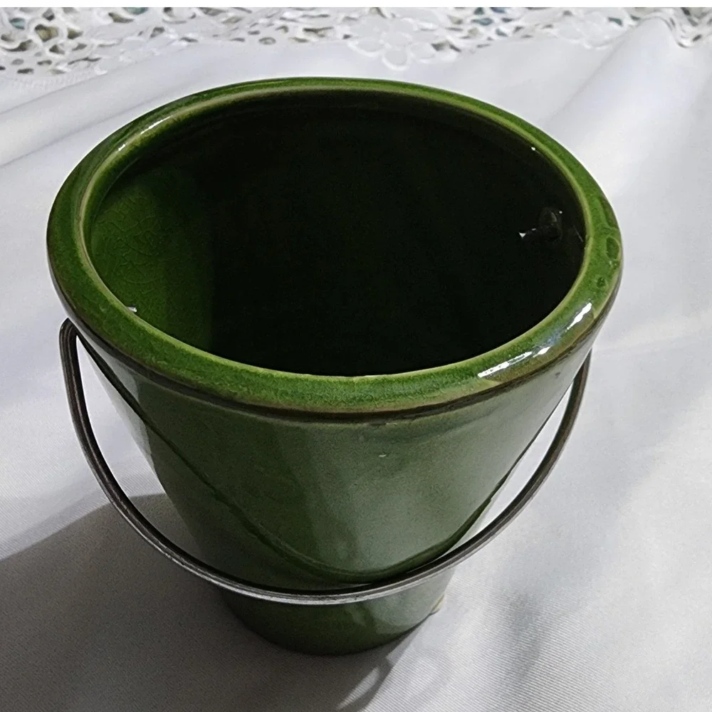 Green Glazed Ceramic Decorative Mini Bucket Metal Handle Crackle Finish 4.5 inch